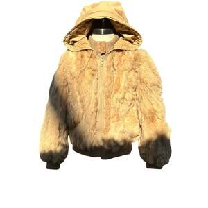 Vintage Fur Tan Flight Bomber Jacket Hooded Medium Lined